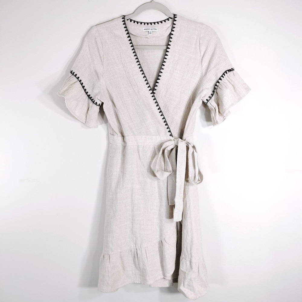 Moon River Beige Wrap Dress; Linen Blend, Embroidered, Ruffle Sleeve - Picture 2 of 9